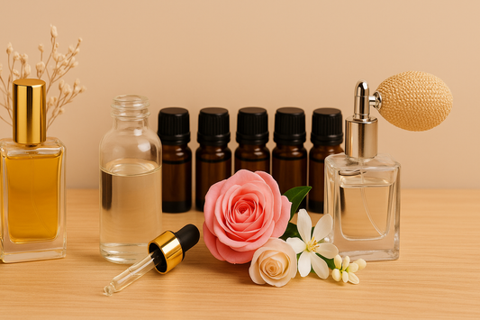 Hyper-realistic photograph of fragrance bases for DIY perfume, featuring elegant glass bottles of clear and amber liquids, small perfume vials, droppers, and fresh flower petals arranged on a wooden table under bright natural ligh