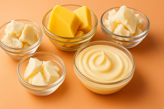 “Hyper-realistic photograph of natural butters for DIY body butter, featuring open jars of shea butter and mango butter surrounded by shea nuts, mangoes, wooden spoons, and green leaves on a rustic table with bright natural lighting.