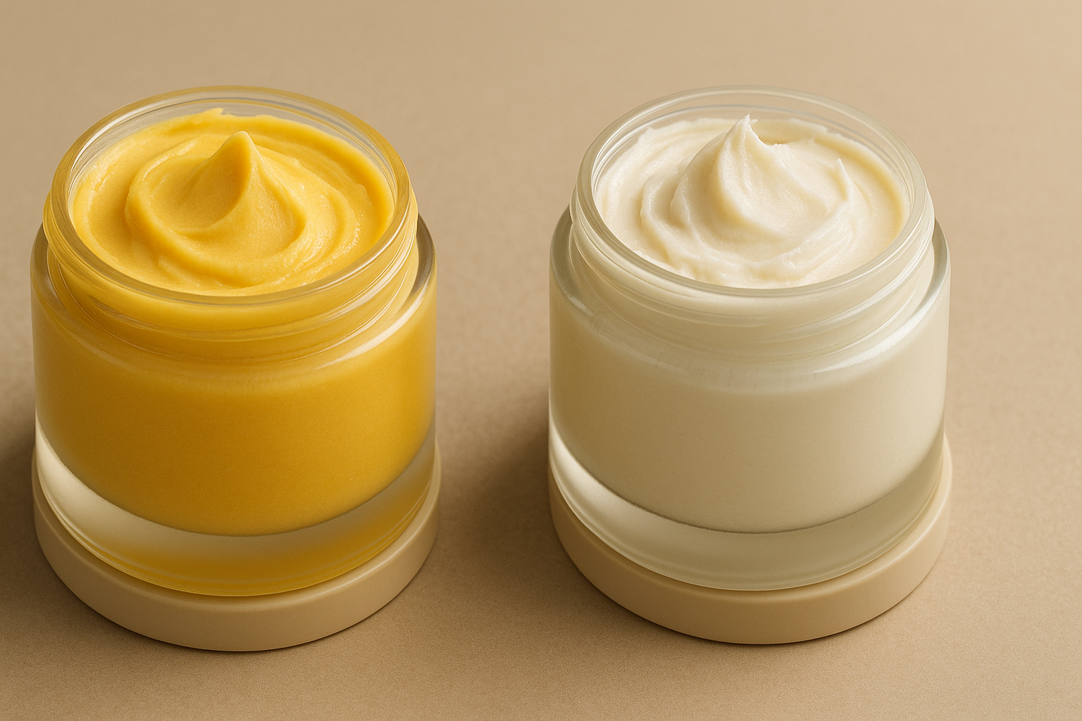 Two open glass jars of body butter, one golden mango butter and one ivory shea butter, placed side by side on a beige surfac