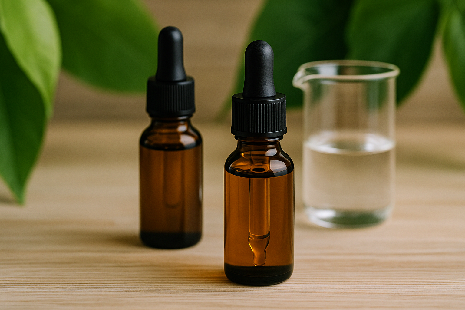 High-resolution photograph of two amber glass dropper bottles and a clear beaker with liquid on a wooden surface, surrounded by soft green leaves in the background, symbolizing natural cosmetic preservatives in 2025.