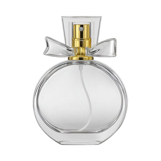 30 ml Clear Glass Circular Perfume Bottle with Bowtie Cap - World of Aromas