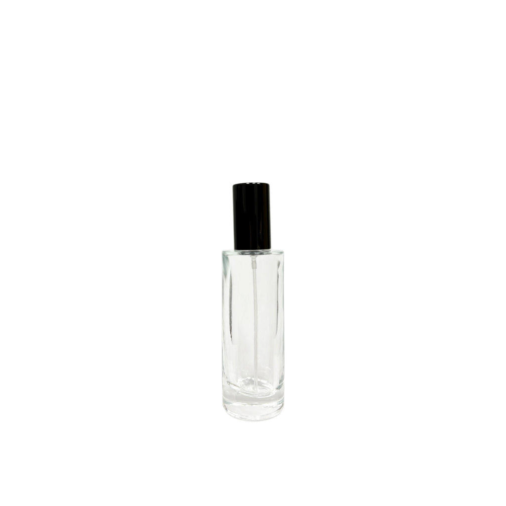 1 oz (30 ml) Clear Glass Cylinder Perfumer Bottle with Black Sprayer - World of Aromas