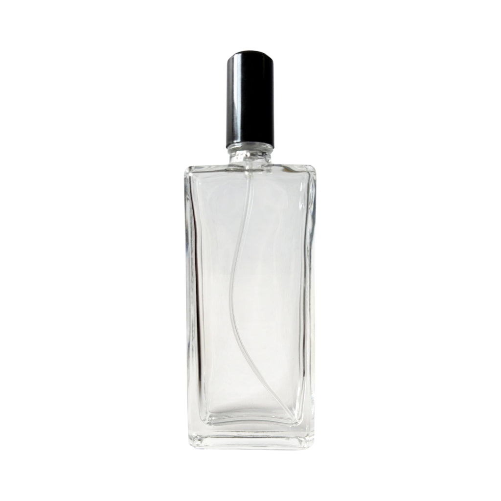 50 ml Clear Glass Rectangular Vintage Black Cap Perfume Bottle - World of Aromas