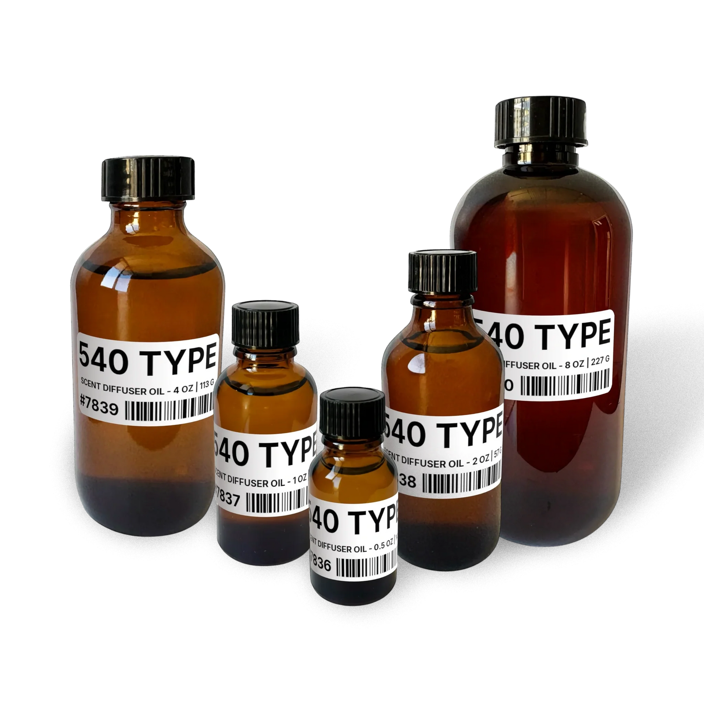 540 Type Scent Diffuser Oil - 40 lb | 18.14 kg bottle image for Scent Diffuser Oil 40 lb. Composite bottle lineup showing 0.5 oz, 1 oz, 2 oz, 4 oz, and 8 oz sizes.