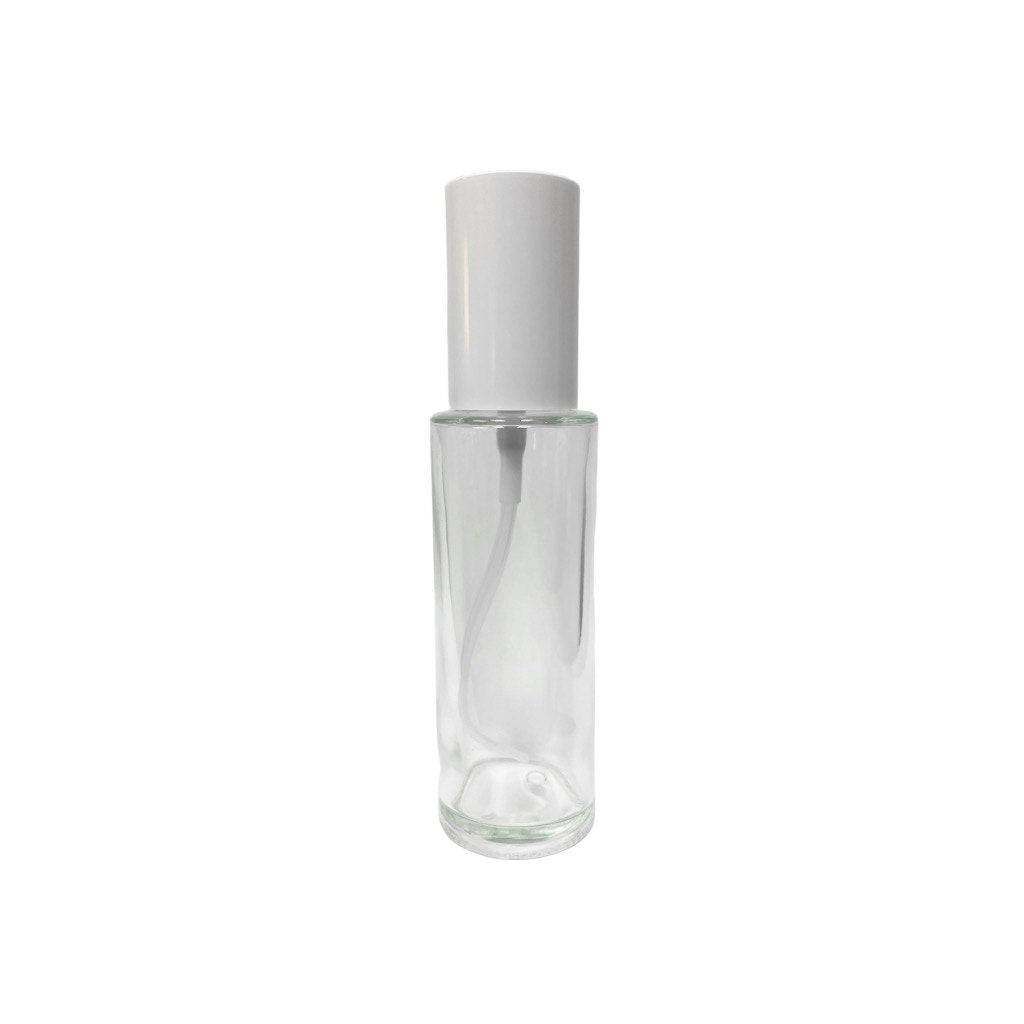 2 oz (60 ml) Clear Glass Cylinder Bottle with White Sprayer and Cap - World of Aromas
