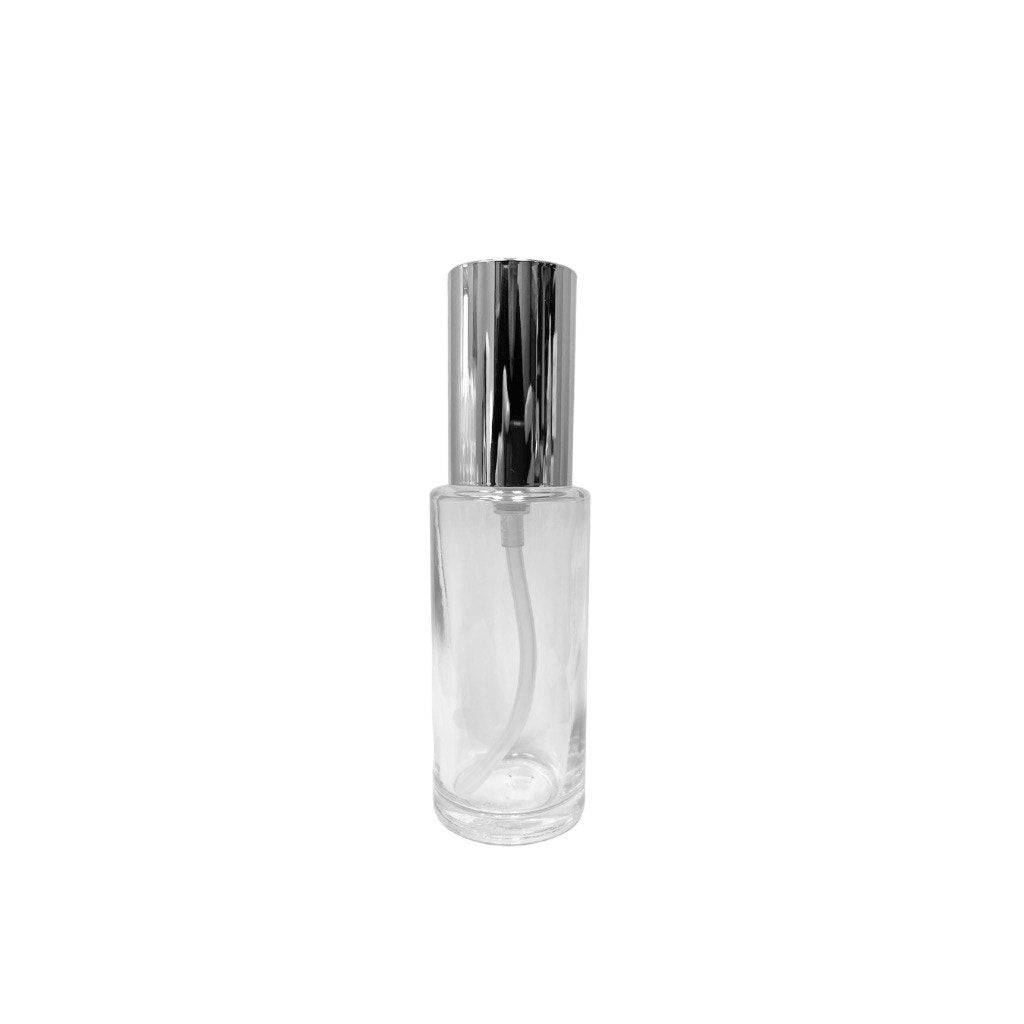 1.7 oz (50 ml) Clear Glass Cylinder Bottle with Silver Sprayer and Cap - World of Aromas