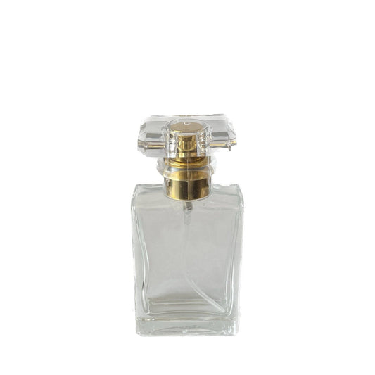 50 ml Clear Glass Perfume Bottle with Gold Sprayer & Clear Cap - World of Aromas