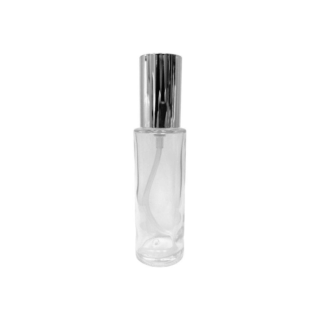 2 oz (60 ml) Clear Glass Cylinder Bottle with Silver Sprayer and Cap - World of Aromas