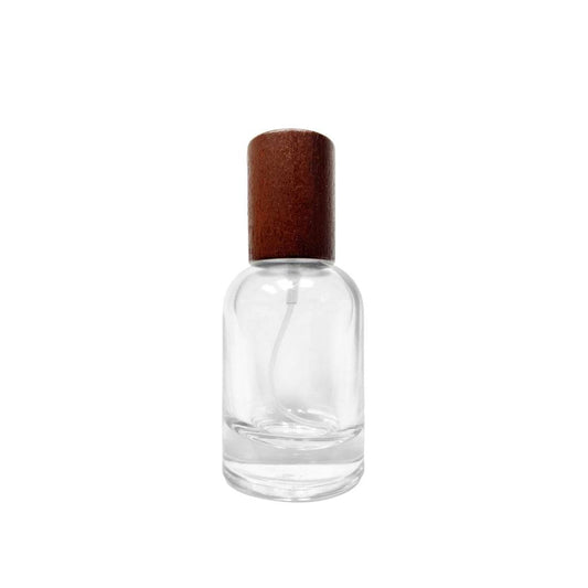 1 oz (30 ml) Clear Glass Boston Round Perfume Bottle with Dark Wood Cap - World of Aromas