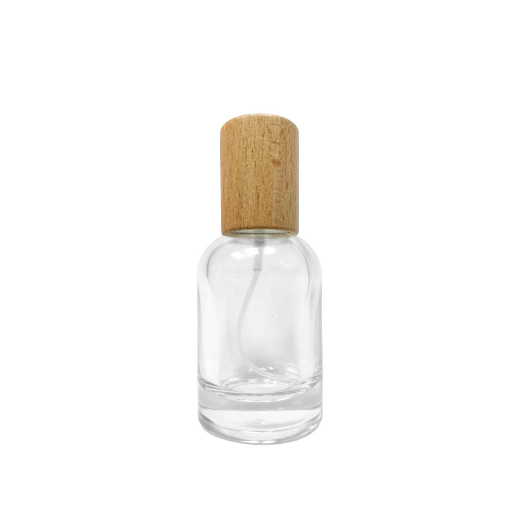1 oz (30 ml) Clear Glass Boston Round Perfume Bottle with Natural Wood Cap - World of Aromas
