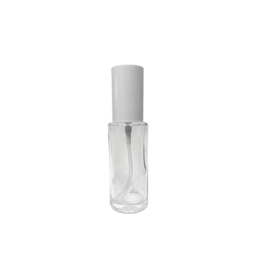 1.7 oz (50 ml) Clear Glass Cylinder Bottle with White Sprayer and Cap - World of Aromas