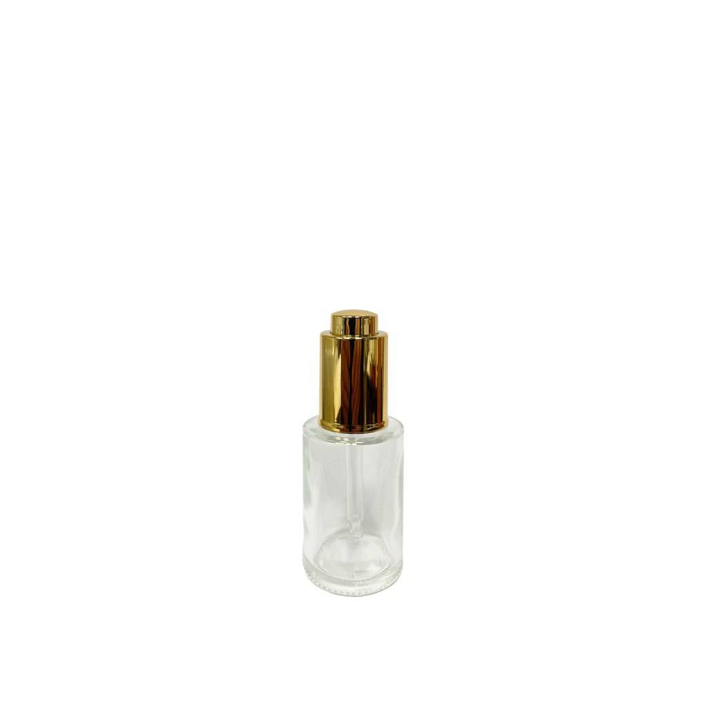 1 oz (30 ml) Clear Glass Cylinder Bottle with Gold Dropper - World of Aromas