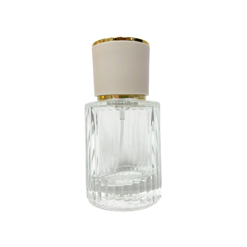 30 ml Clear Glass Ribbed Perfume Bottle with White & Gold Cap - World of Aromas