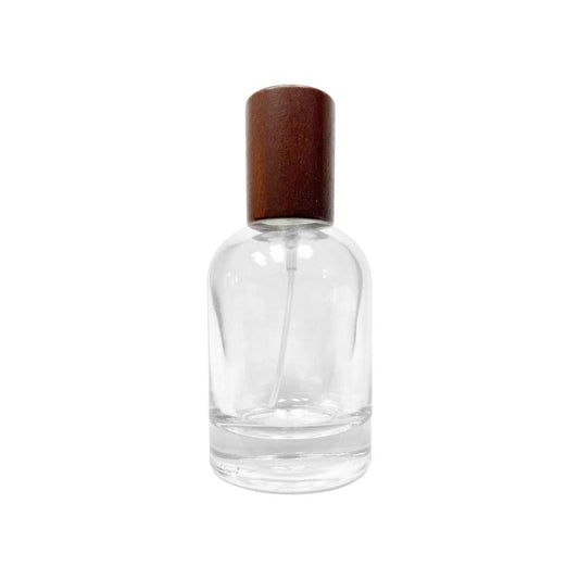 1.7 oz (50 ml) Clear Glass Boston Round Perfume Bottle with Dark Wood Cap - World of Aromas