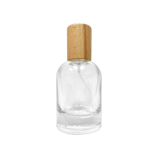1.7 oz (50 ml) Clear Glass Boston Round Perfume Bottle with Natural Wood Cap - World of Aromas