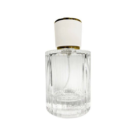 50 ml Clear Glass Ribbed Perfume Bottle with White & Gold Cap - World of Aromas