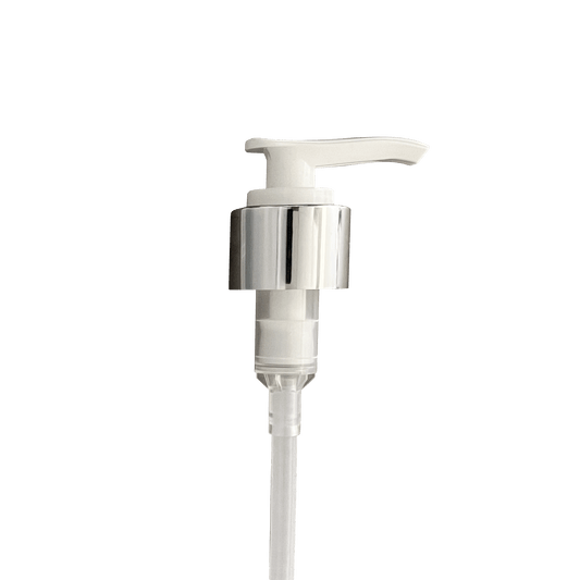 Silver Smooth Skirt White Plastic 24-410 Saddle Pump with 114mm Dip Tube - World of Aromas