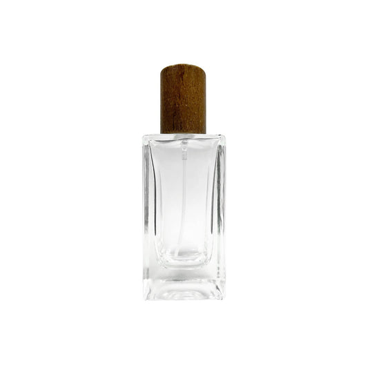 50 ml Clear Glass Rectangular Perfume Bottle with Wooden Cap - World of Aromas