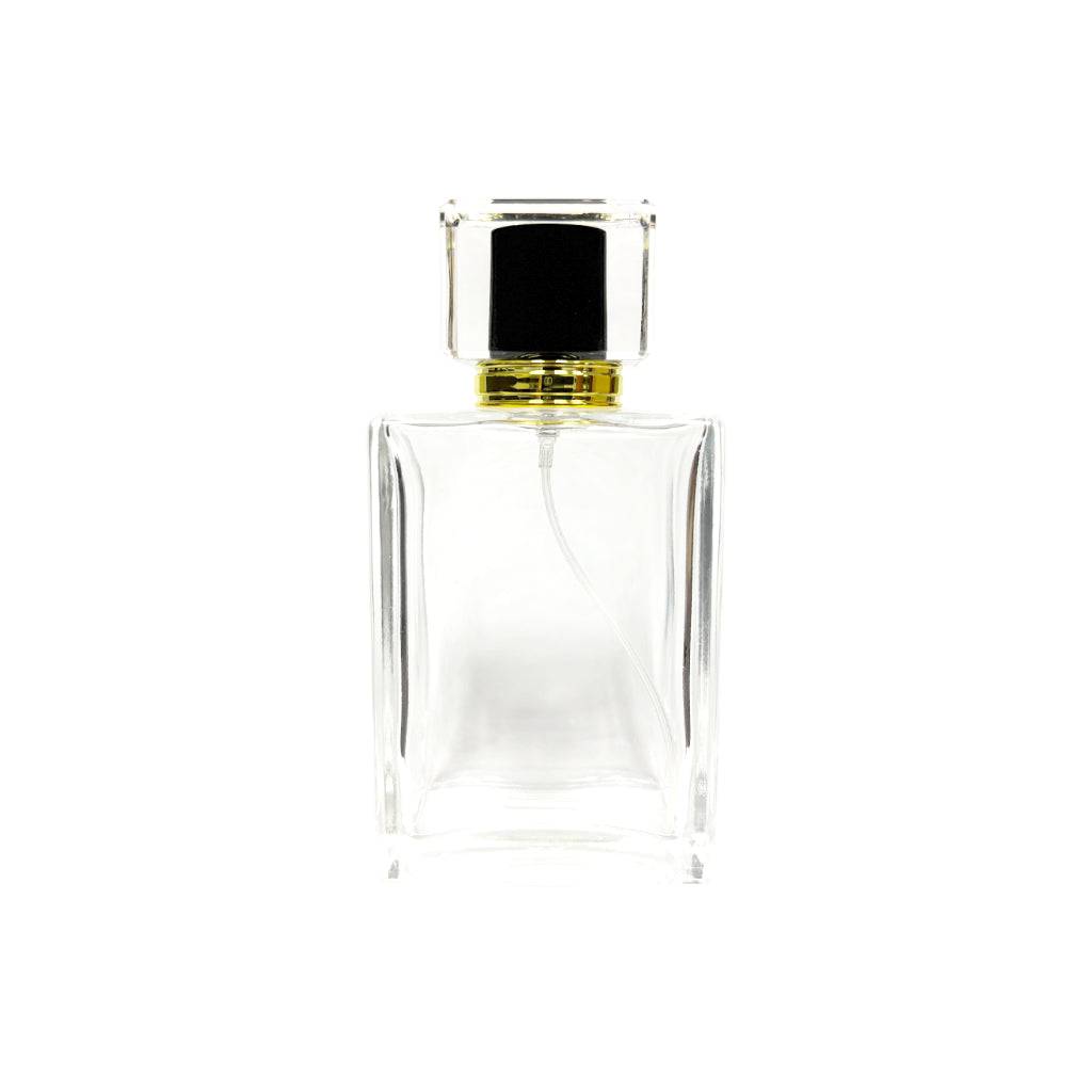3.4 oz (100 ml) Clear Glass Rectangular Perfume Bottle with Black Acrylic Lid - World of Aromas