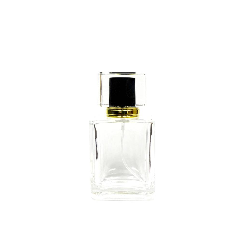 1.7 oz (50 ml) Clear Glass Rectangular Perfume Bottle With Black Acrylic Lid - World of Aromas