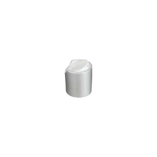 Silver Brushed Aluminum White PP 20-410 Smooth Skirt Disc Dispensing Cap - World of Aromas