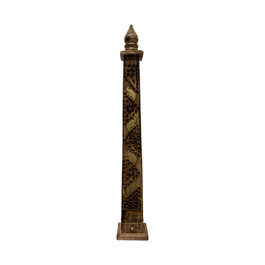 19" Wooden Incense Tower with Elephant Inlays