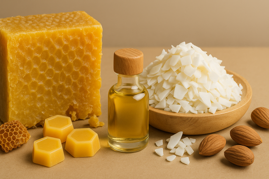 A block of golden beeswax with honeycomb texture beside a wooden bowl filled with white soy wax flakes, displayed with almonds, honeycomb pieces, and a glass bottle of oil on a beige surface, highlighting natural ingredients for candle and skincare making