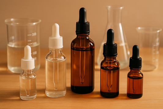 High-resolution photograph of amber and clear glass dropper bottles with cosmetic preservatives, surrounded by beakers and pipettes on a wooden surface, representing DIY skincare preservation in 2025.”