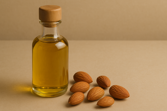 “A clear glass bottle with a wooden cap filled with golden almond oil, placed on a beige surface beside several whole raw almonds, highlighting its use in natural skincare and haircare.”