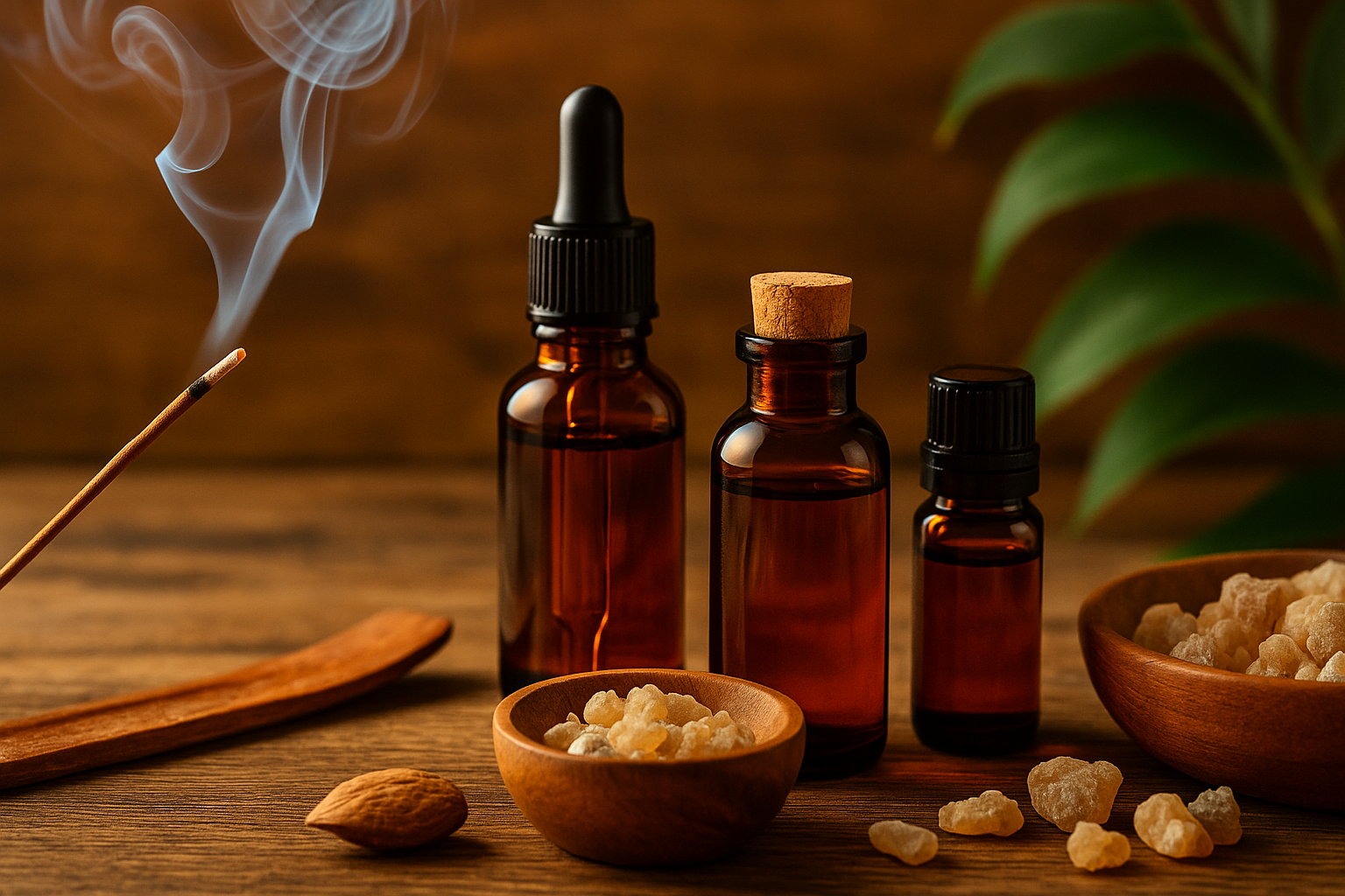 Photograph of incense oils in amber glass bottles with droppers, surrounded by glowing incense sticks releasing smoke, natural resin pieces, and green leaves on a wooden surface, symbolizing the revival of incense oils in beauty routines in 2025