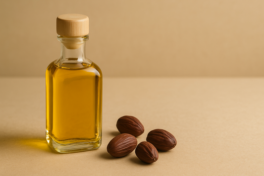 Hyper-realistic photo of golden jojoba oil in a clear glass bottle with a wooden cap, surrounded by natural brown jojoba seeds on a beige surface, highlighting its use in natural skincare and haircare products.