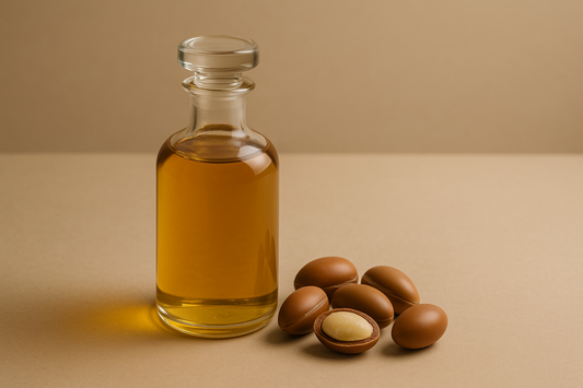 A clear glass bottle filled with golden argan oil placed on a beige surface, next to several brown argan nuts, one cracked open to reveal the kernel inside