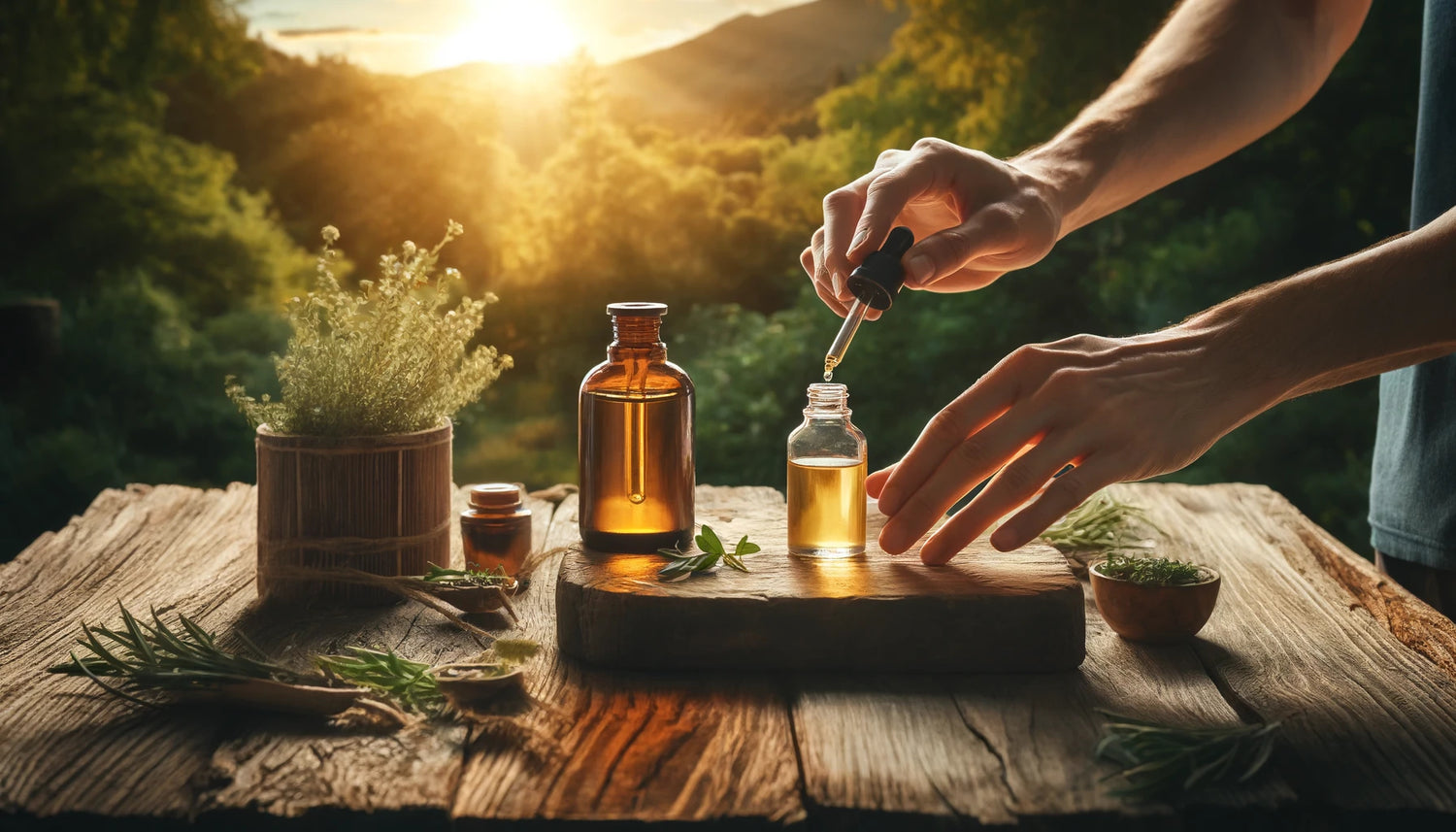 A serene landscape depicting a person diluting an essential oil with a carrier oil.