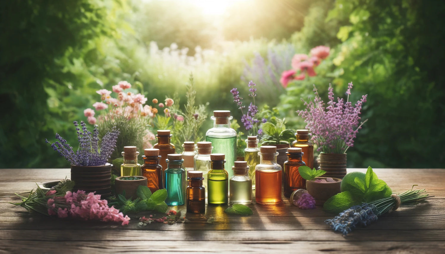 A beautiful landscape photo of a variety of essential oils, surrounded by flowers with a green landscape in the background.