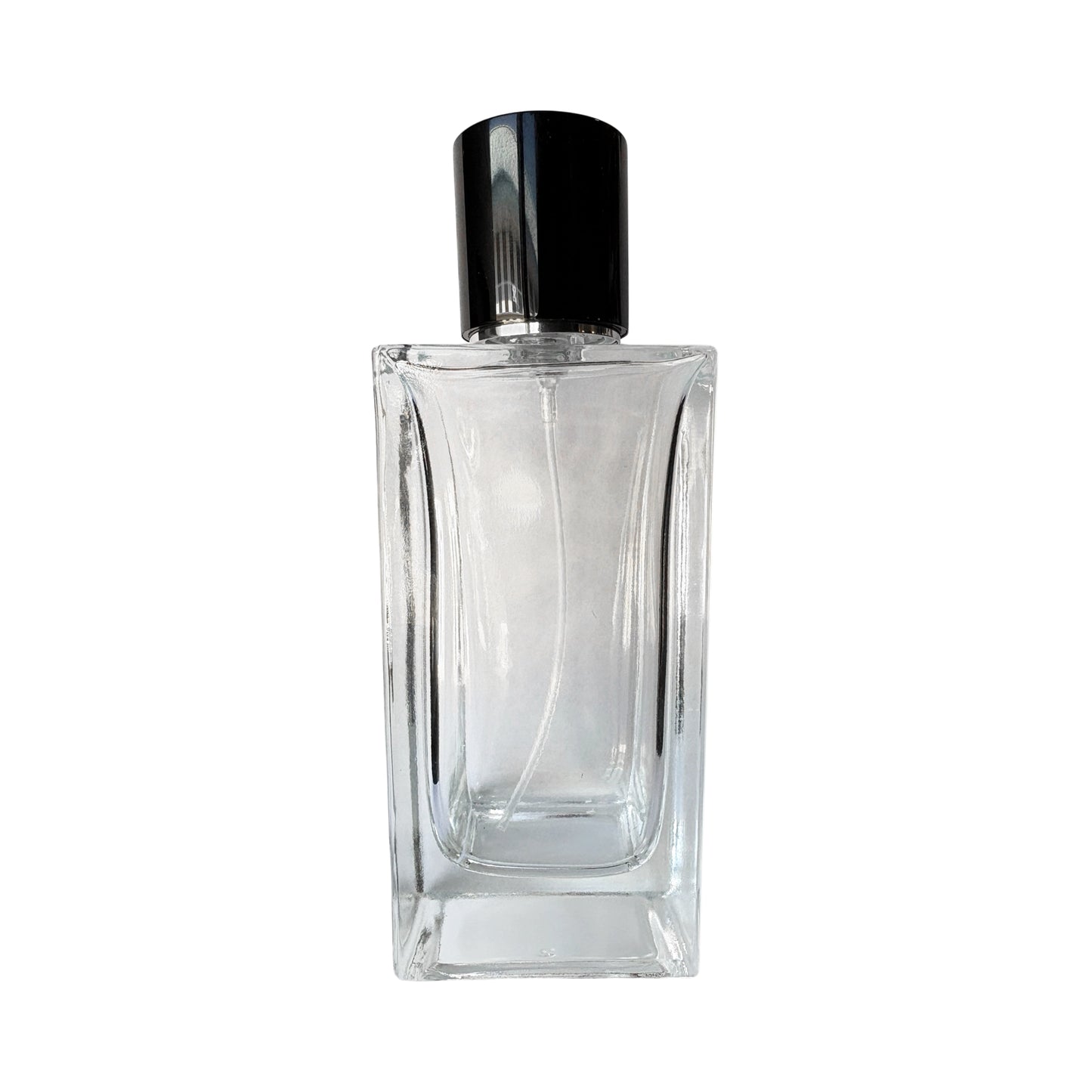 3.4 oz (100 ml) Clear Glass Rectangular Perfume Bottle with Black Magnetic Latch - World of Aromas