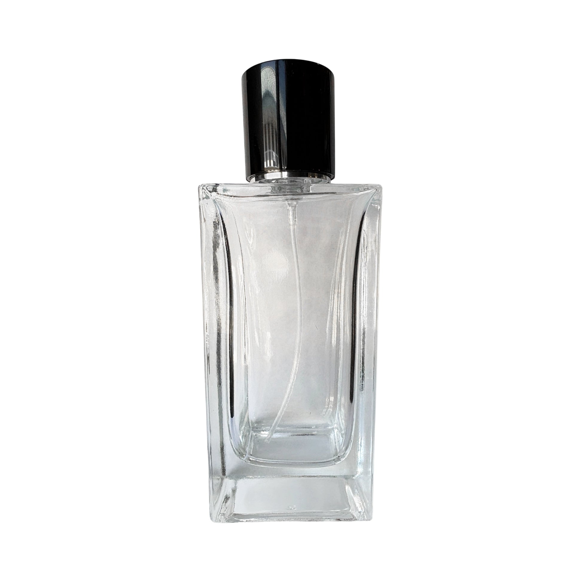3.4 oz (100 ml) Clear Glass Rectangular Perfume Bottle with Black Magnetic Latch - World of Aromas