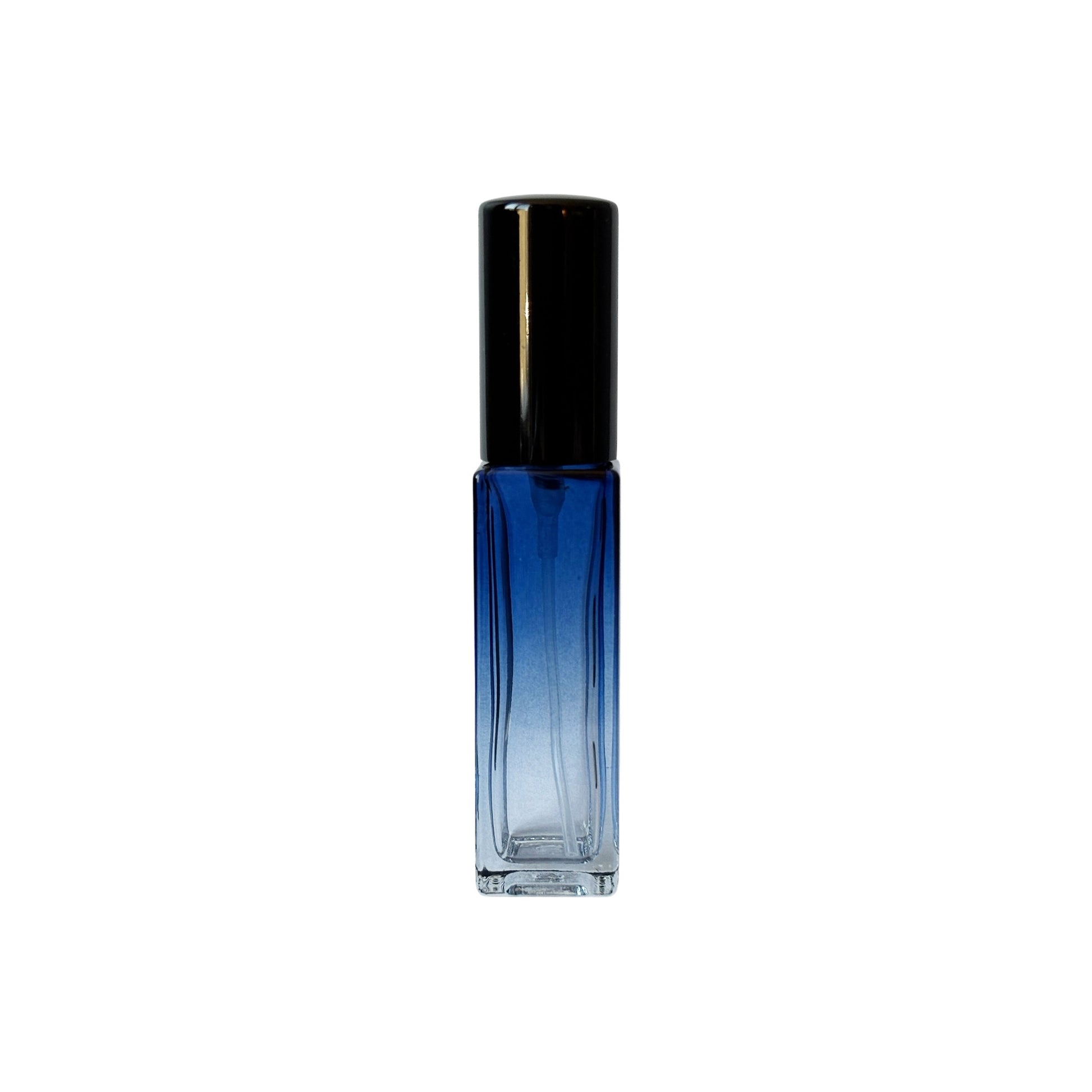 10 ml (0.34 oz) Blue to Clear Gradient Rectangular Glass Perfume Bottle with black cap - World of Aromas