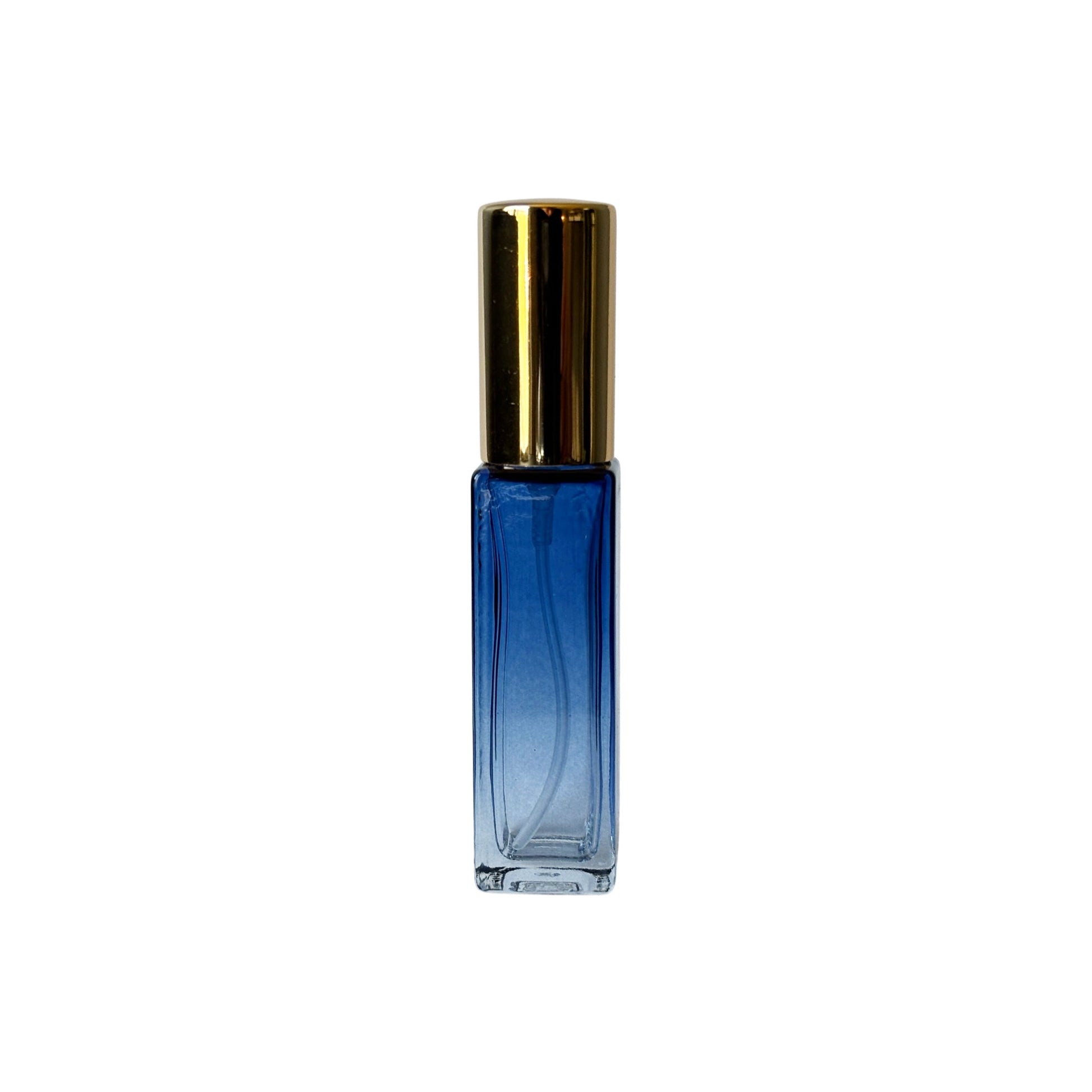 10 ml (0.34 oz) Blue to Clear Gradient Rectangular Glass Perfume Bottle with gold cap - World of Aromas