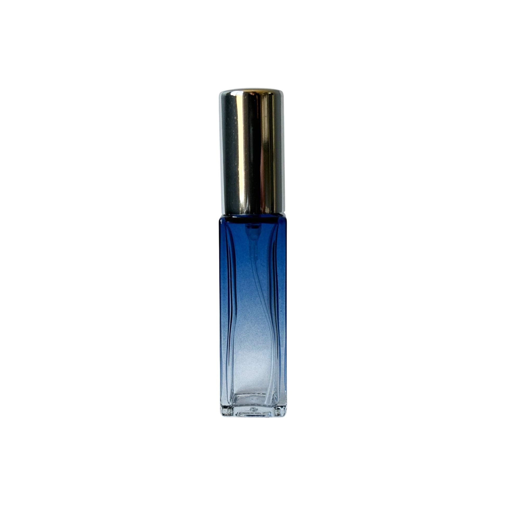 10 ml (0.34 oz) Blue to Clear Gradient Rectangular Glass Perfume Bottle with silver cap - World of Aromas