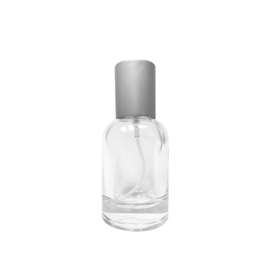 1 oz (30 ml) Clear Glass Boston Round Perfume Bottle with Silver Cap