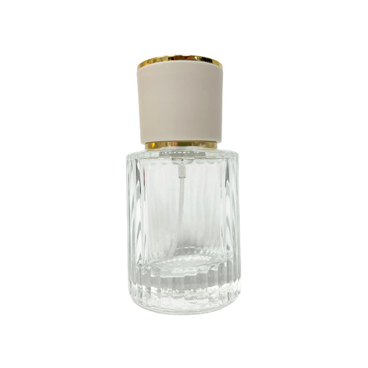 30 ml Clear Glass Ribbed Perfume Bottle with White & Gold Cap