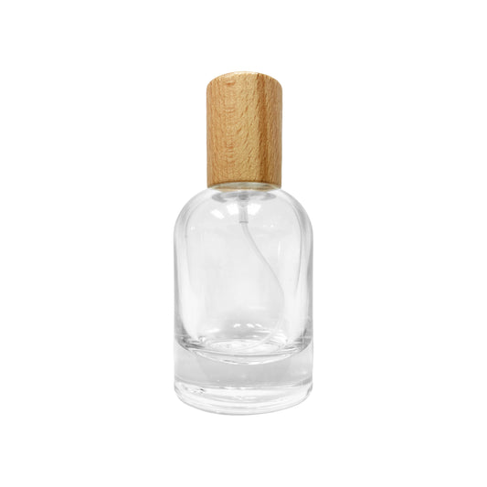 1.7 oz (50 ml) Clear Glass Boston Round Perfume Bottle with Natural Wood Cap