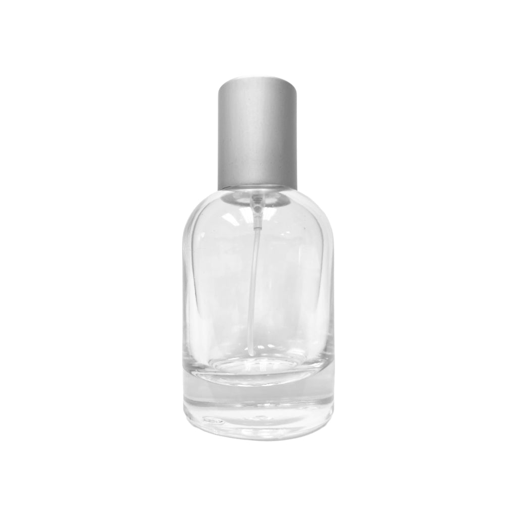 1.7 oz (50 ml) Clear Glass Boston Round Perfume Bottle with Silver Cap