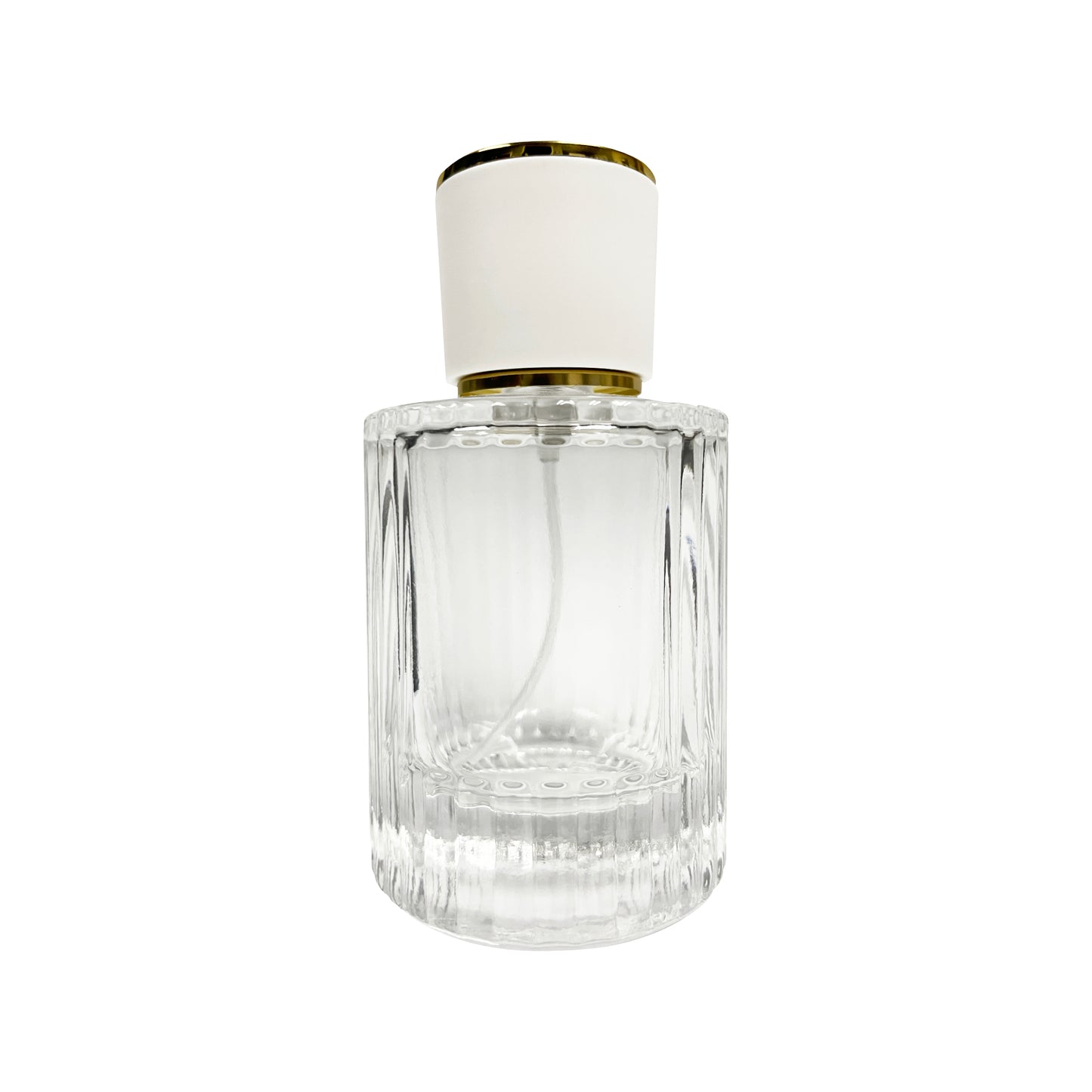 50 ml Clear Glass Ribbed Perfume Bottle with White & Gold Cap