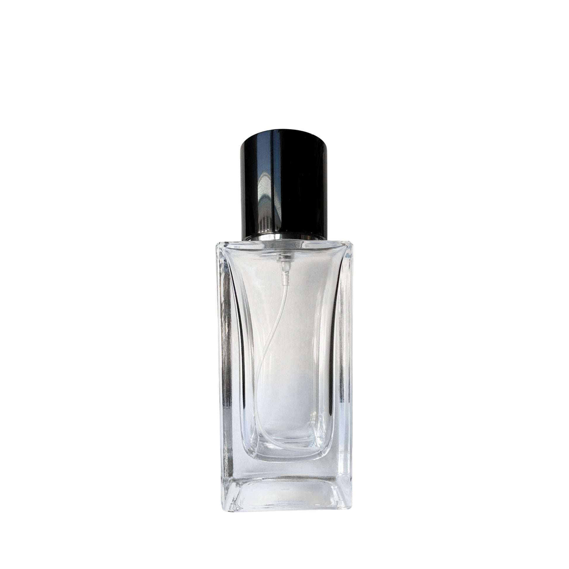 1.7 oz (50 ml) Clear Glass Rectangular Perfume Bottle with Black Magnetic Latch - World of Aromas