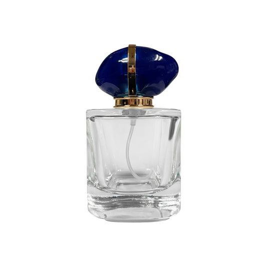 50 ml Clear Glass Ornate Perfume Bottle with Blue Stone Cap