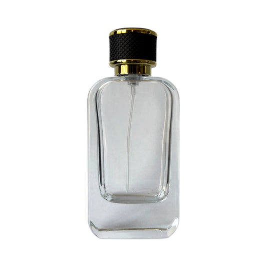 3.4 oz (100 ml) Clear Glass Rounded Rectangle Perfume Bottle with Black Cap - World of Aromas
