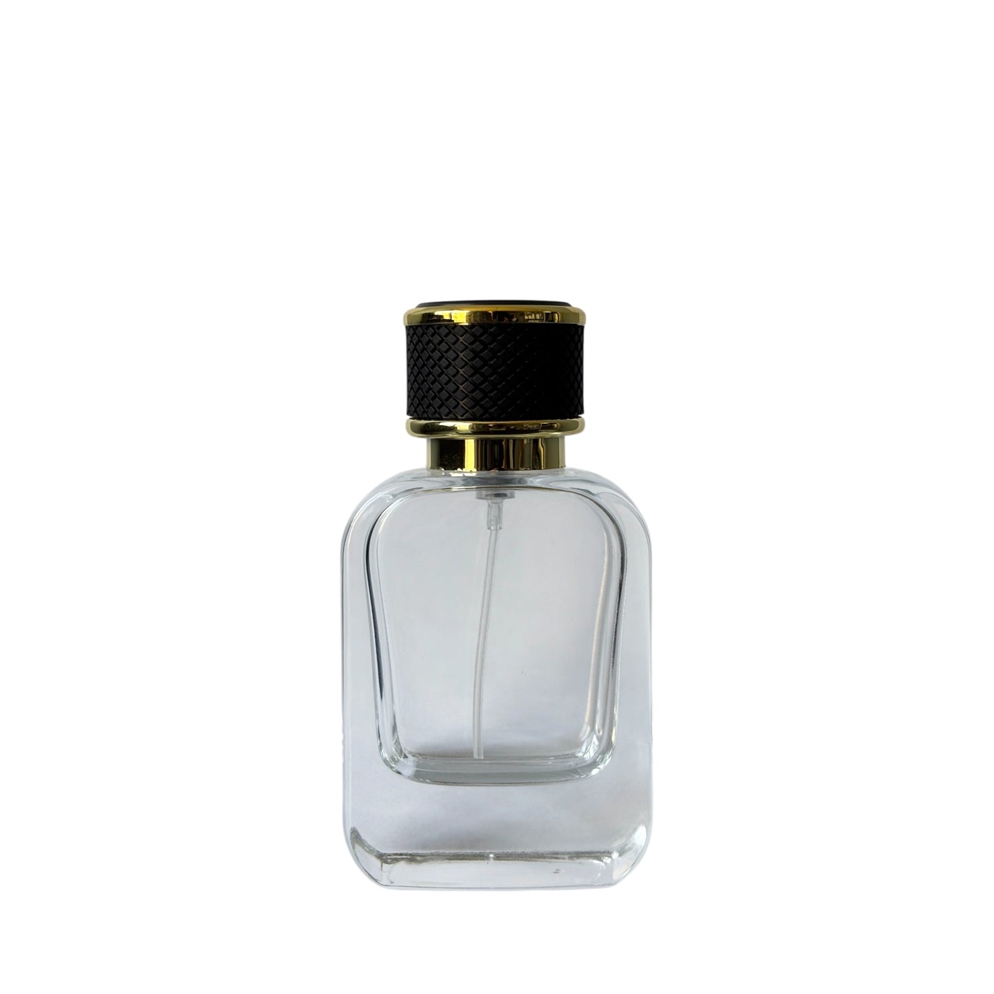 1.7 oz (50 ml) Clear Glass Rounded Rectangle Perfume Bottle with Black Cap - World of Aromas
