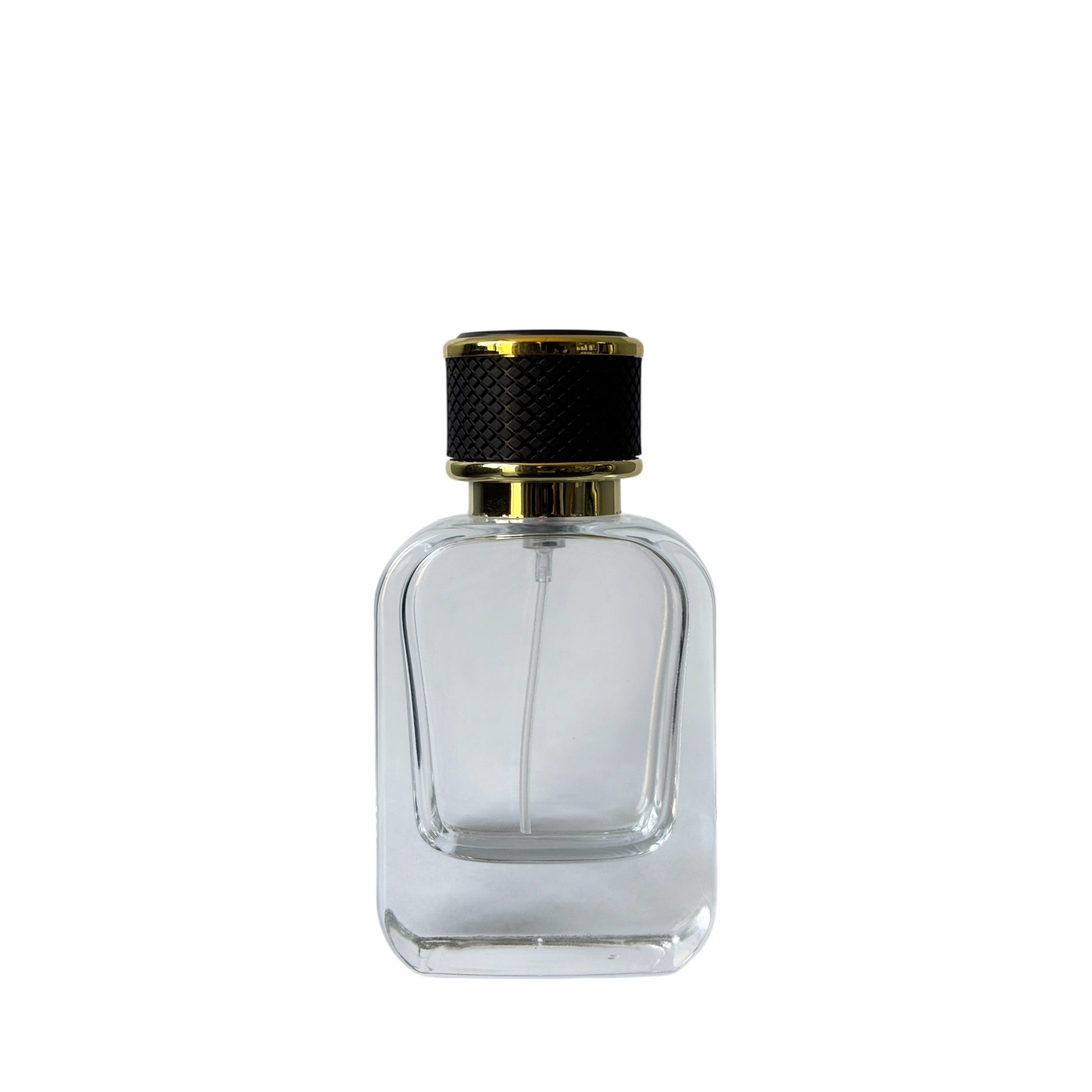 1.7 oz (50 ml) Clear Glass Rounded Rectangle Perfume Bottle with Black Cap - World of Aromas