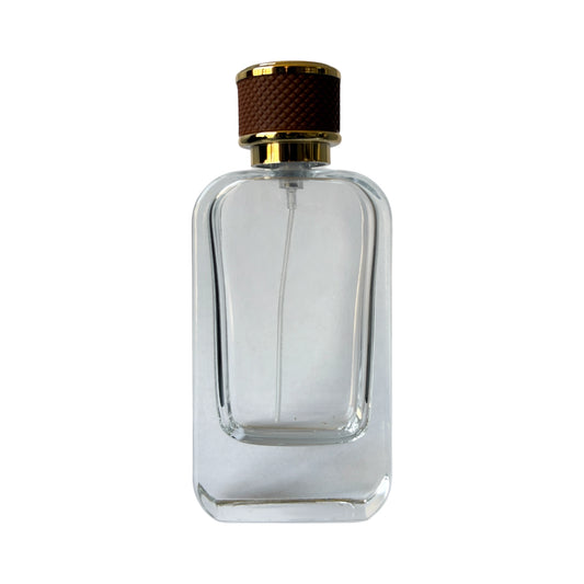 3.4 oz (100 ml) Clear Glass Rounded Rectangle Perfume Bottle with Brown Cap - World of Aromas